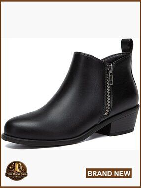 Chunky Low Heel Ankle Boots with Side Zipper Round Toe Dress Booties